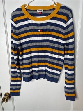 Tommy Jeans XL Ribbed Top Sweater Striped Blue Mustard Yellow Cropped Retro